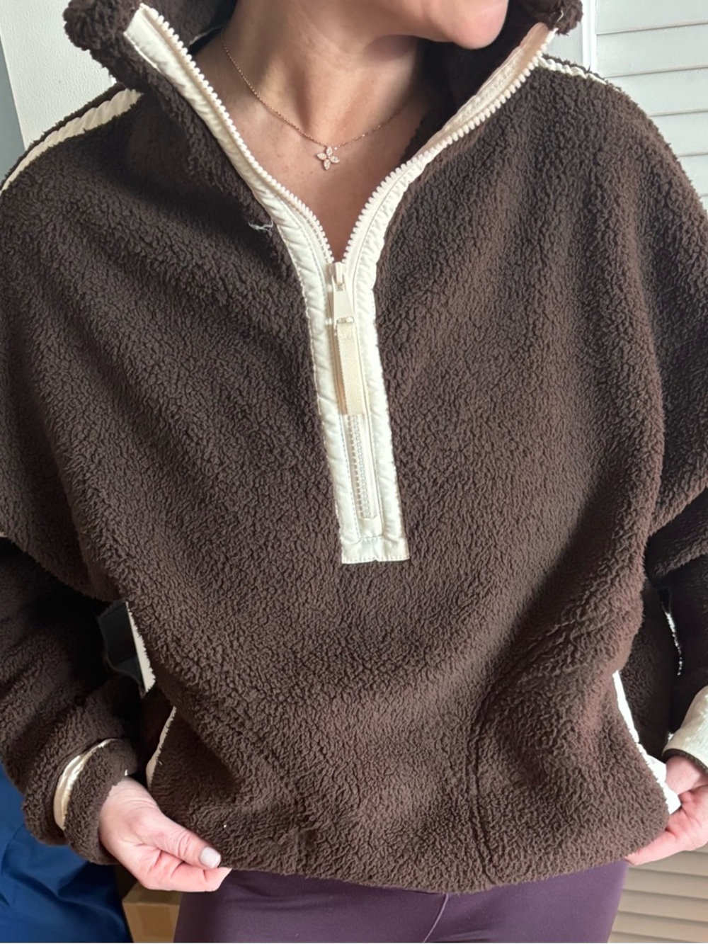 Amazon Women's Brown Sherpa Half-Zip Hoodie with Cream Trim